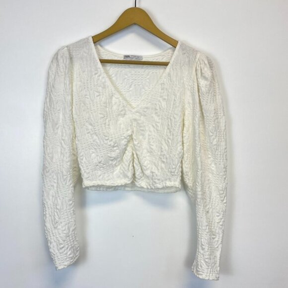 Zara White Puff Shoulder V Neck Crop Top - Picture 1 of 11
